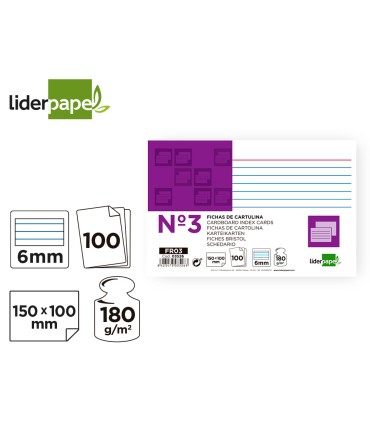 Ficha liderpapel rayada nº3 100x150 mm 180g m2 paquete de 100 unidades